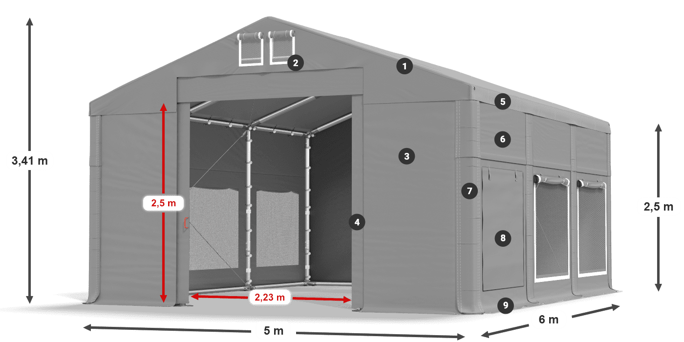 Střecha: FR 620 PVC Stěny: SD 500 PVC 2,5 m legenda