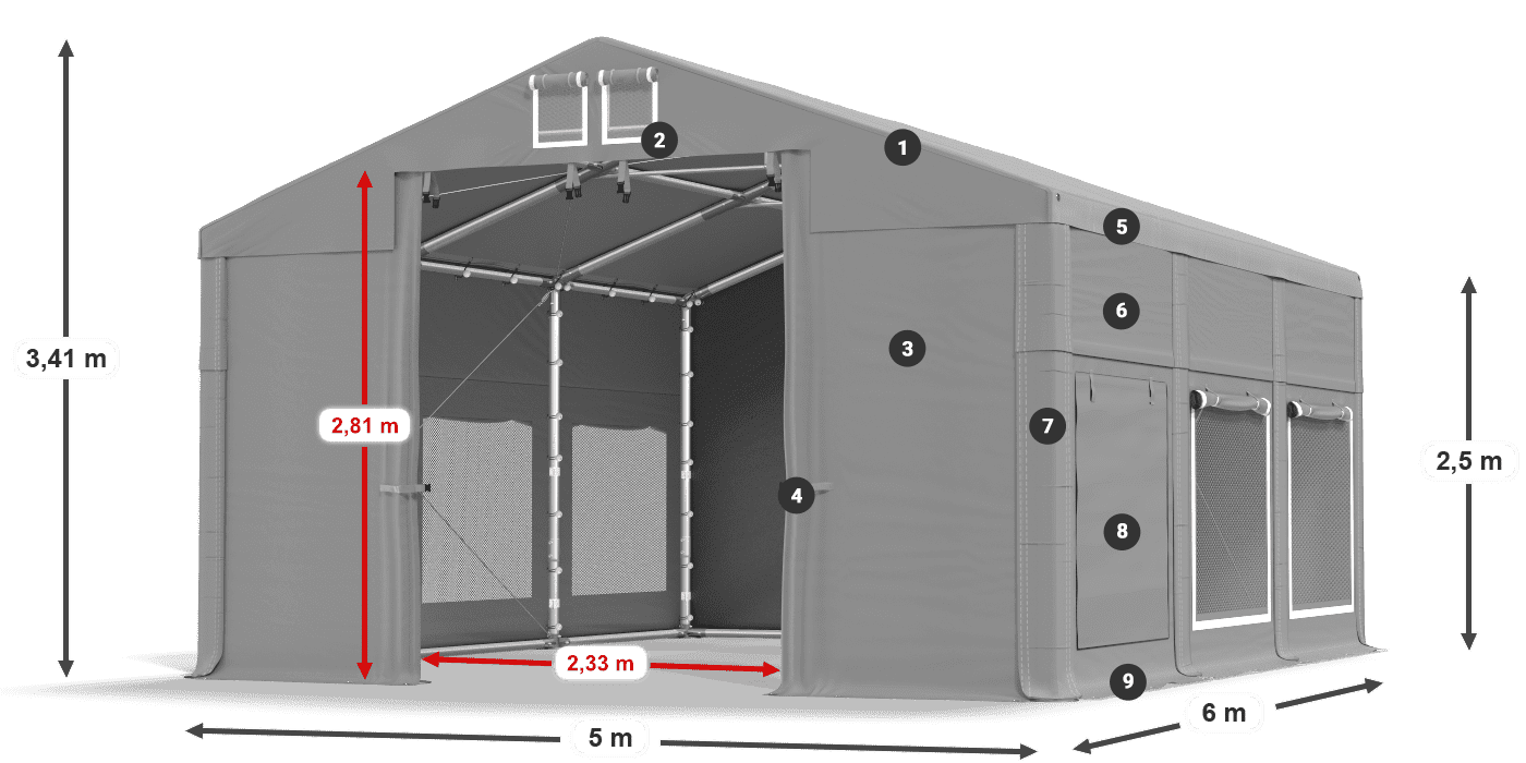 Střecha: FR 620 PVC Stěny: SD 500 PVC 2,5 m legenda