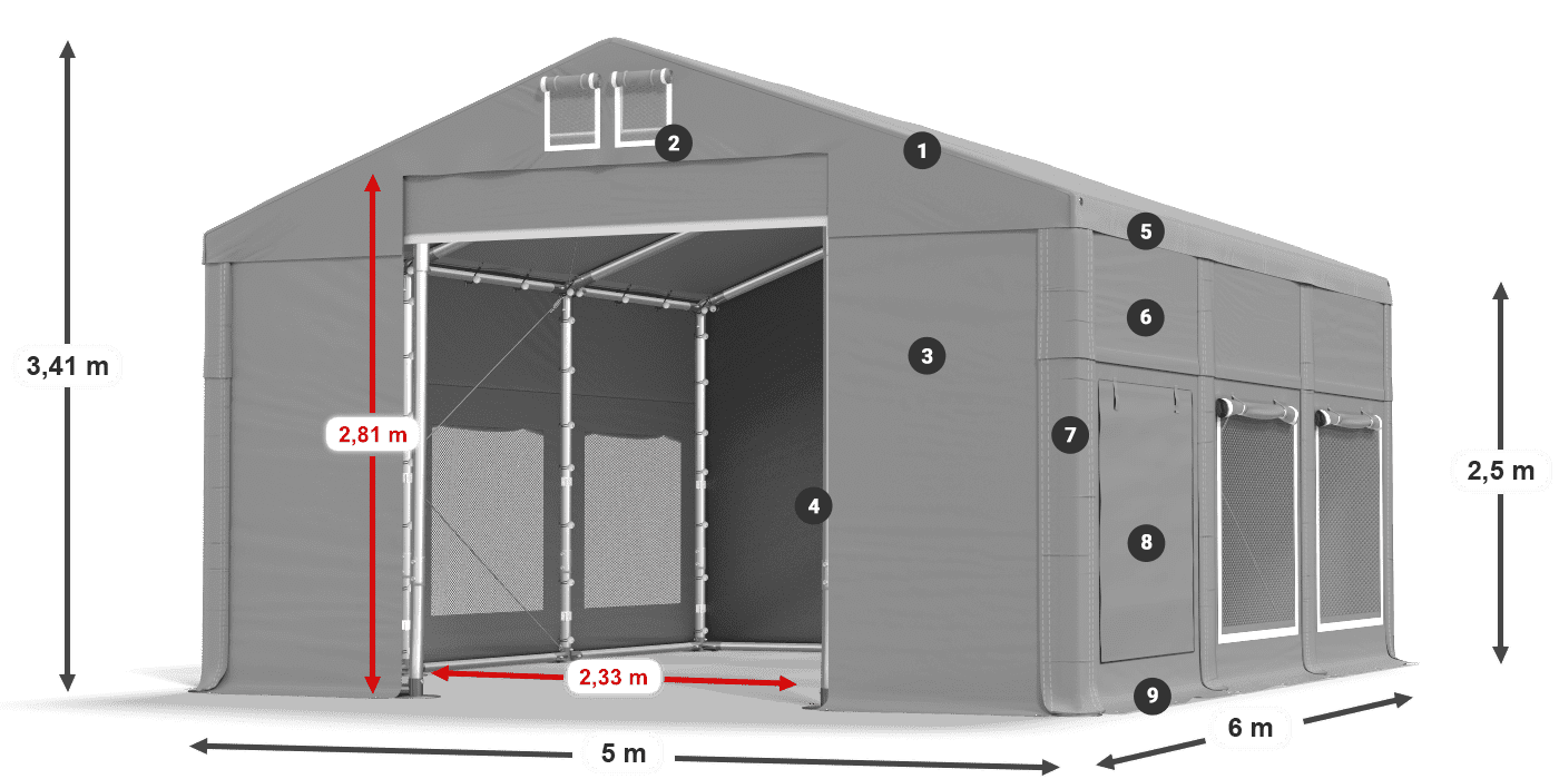 Střecha: FR 620 PVC Stěny: SD 500 PVC 2,5 m legenda