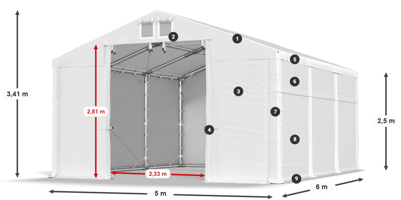 Střecha: MS 580 PVC Stěny: FR 620 PVC 2,5 m legenda