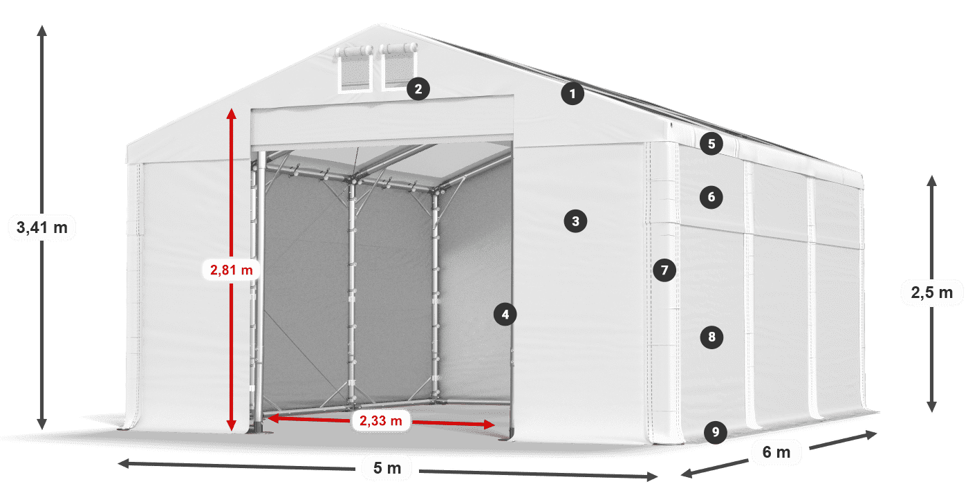 Střecha: MS T 580 PVC Stěny: FR 620 PVC 2,5 m legenda