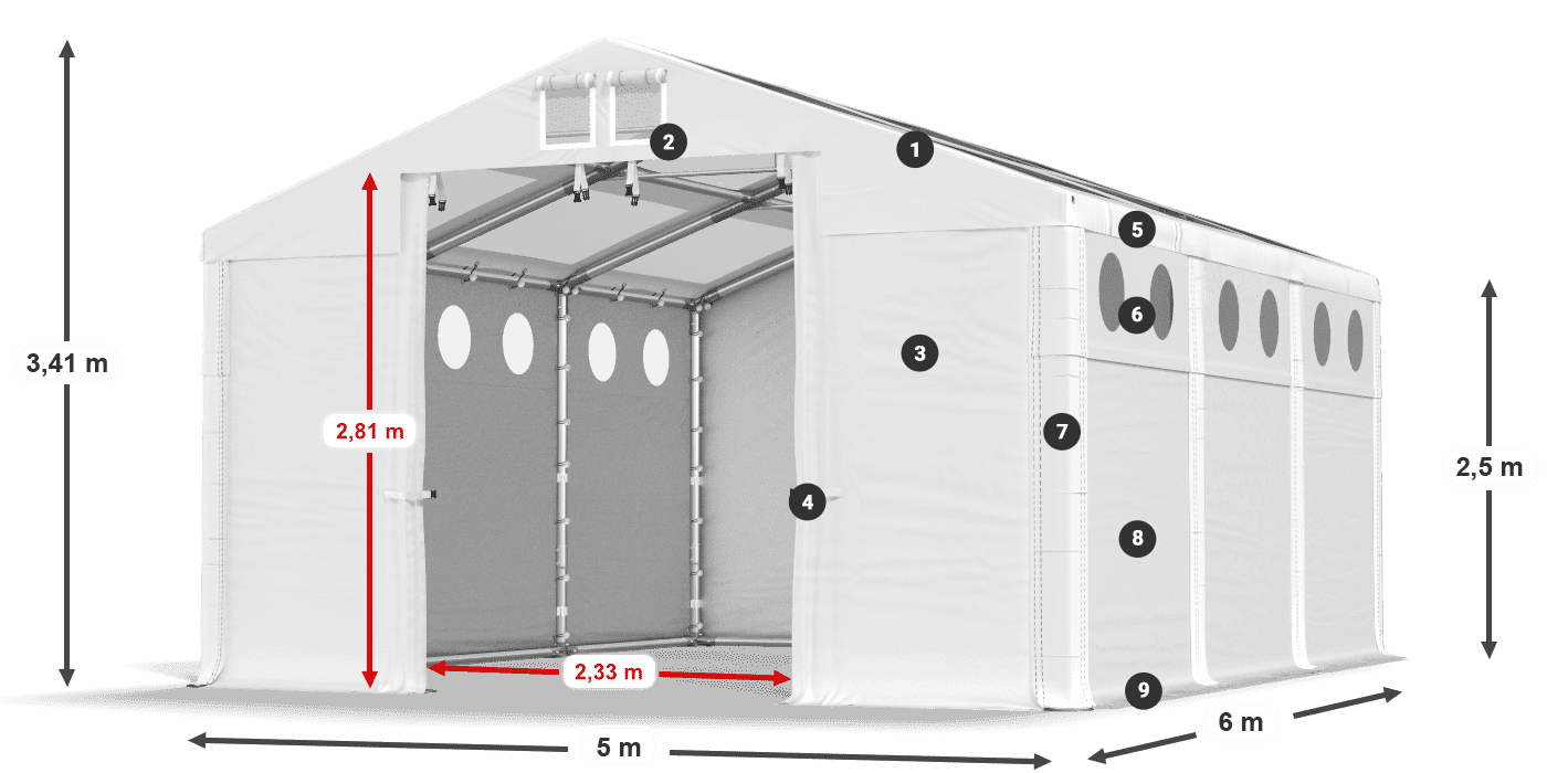 Střecha: MS T 580 PVC Stěny: MS O 580 PVC 2,5 m legenda