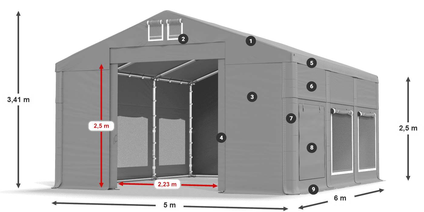 Střecha: MS 580 PVC Stěny: SD M 500 PVC 2,5 m legenda