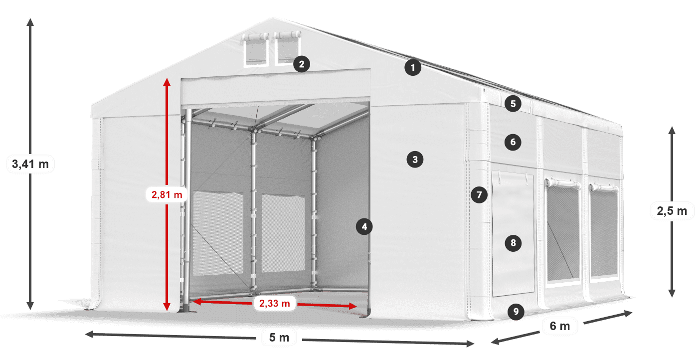 Střecha: MS T 580 PVC Stěny: SD M 500 PVC 2,5 m legenda