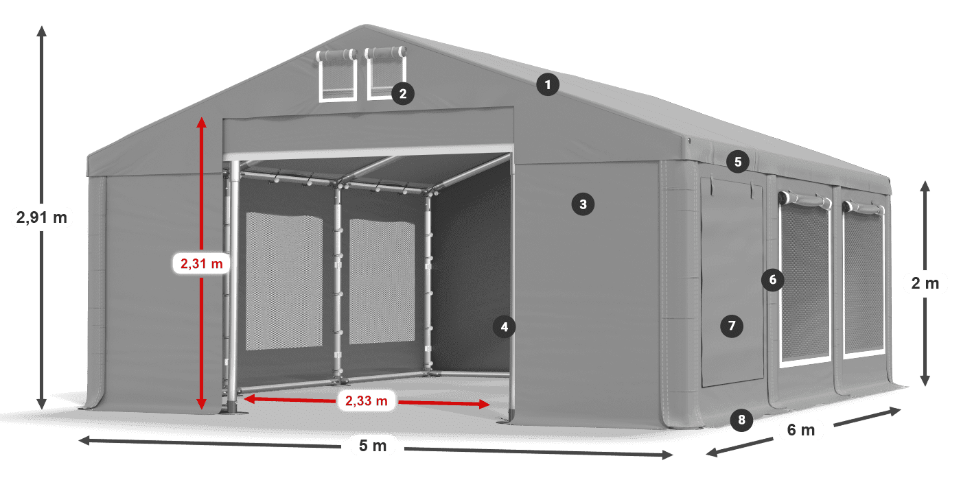 Střecha: FR 620 PVC Stěny: SD 500 PVC 2m legenda