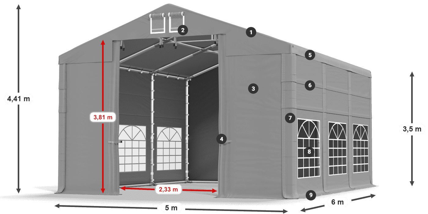 Střecha: FR 620 PVC Stěny: SD 500 PVC 3,5m legenda
