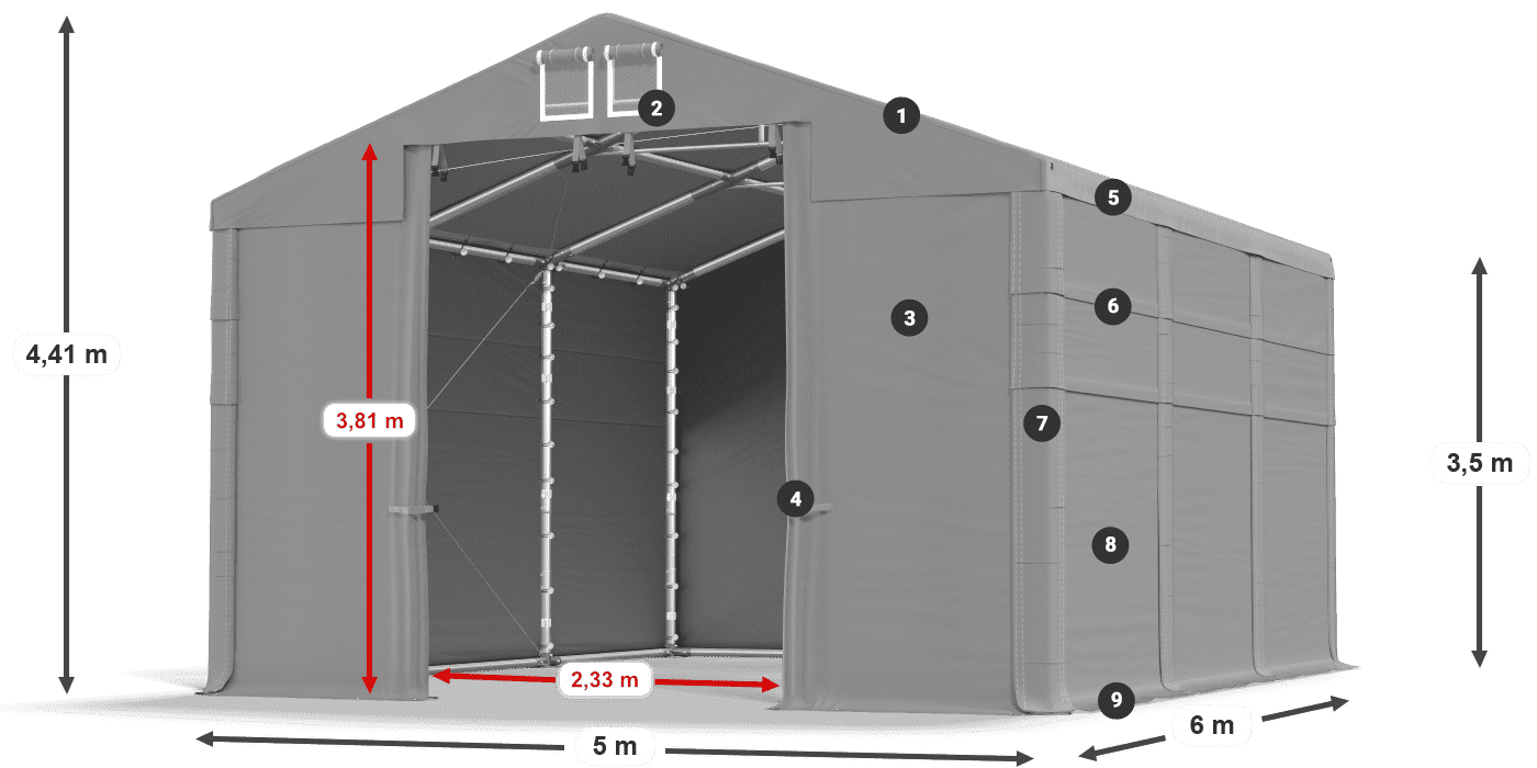 Střecha: FR 620 PVC Stěny: SD 500 PVC 3,5m legenda
