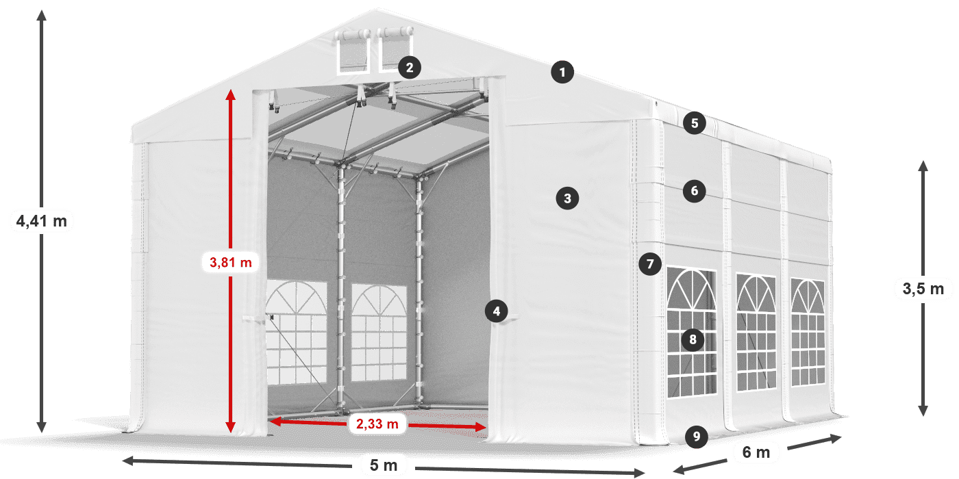 Střecha: MS T 580 PVC Stěny: FR 620 PVC 2,5 m legenda