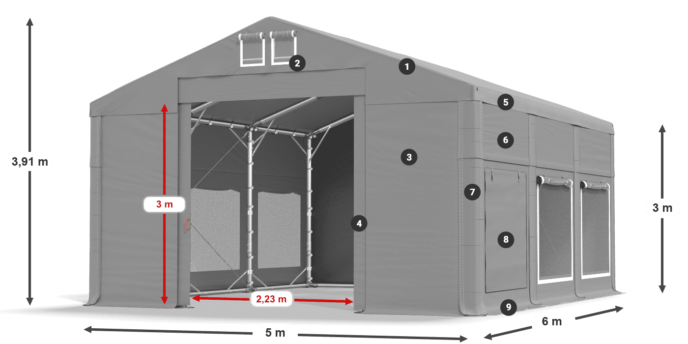 Střecha: FR 620 PVC Stěny: SD 500 PVC 3m legenda