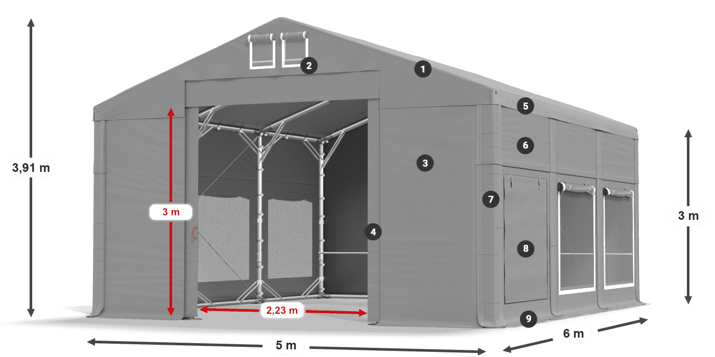 Střecha: FR 620 PVC Stěny: SD 500 PVC 3m legenda