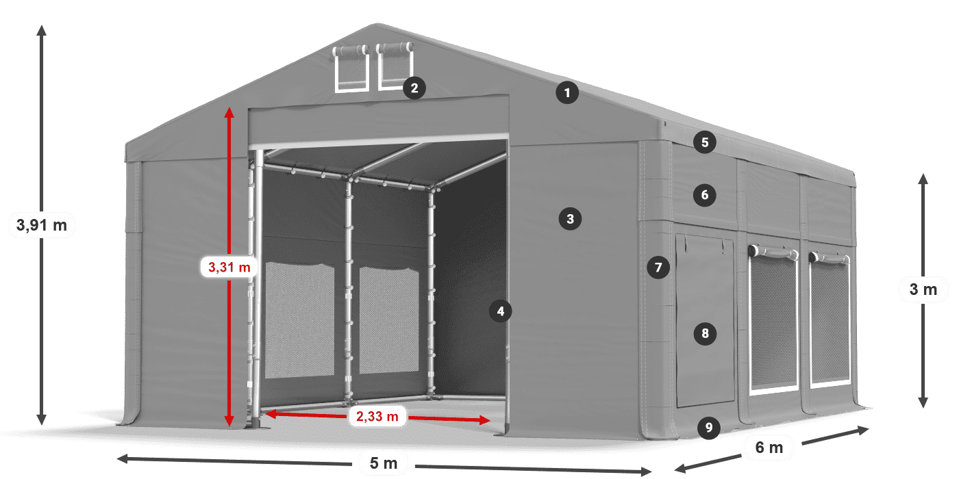 Střecha: FR 620 PVC Stěny: SD 500 PVC 3m legenda