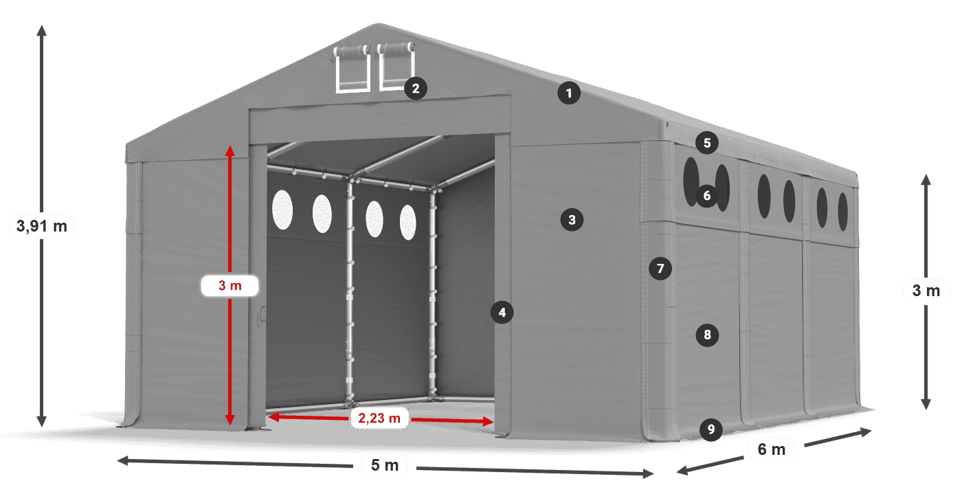 Střecha: MS 580 PVC Stěny: FR O 620 PVC 3m legenda