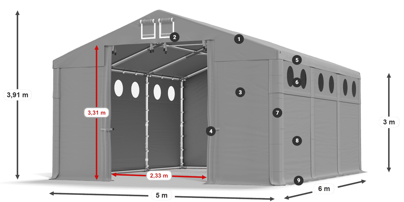 Střecha: MS 580 PVC Stěny: FR O 620 PVC 3m legenda