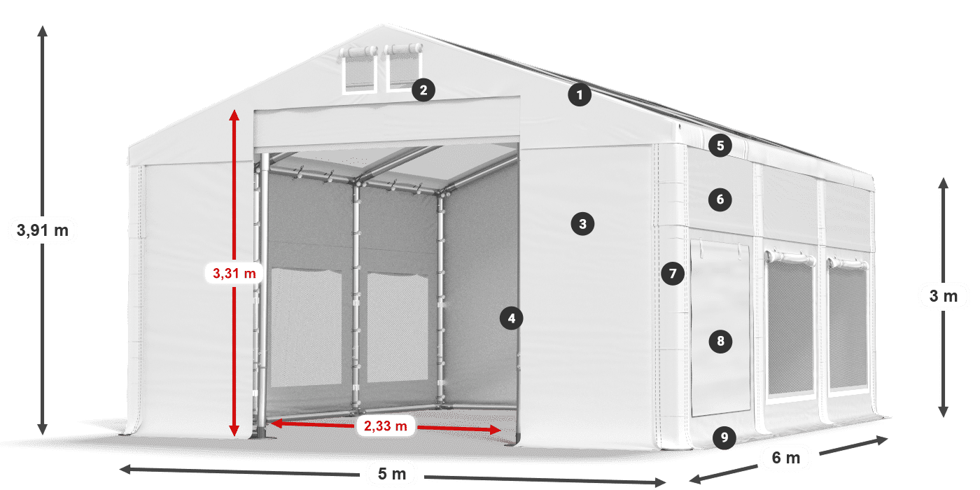 Střecha: MS T 580 PVC Stěny: SD M 500 PVC 3m legenda