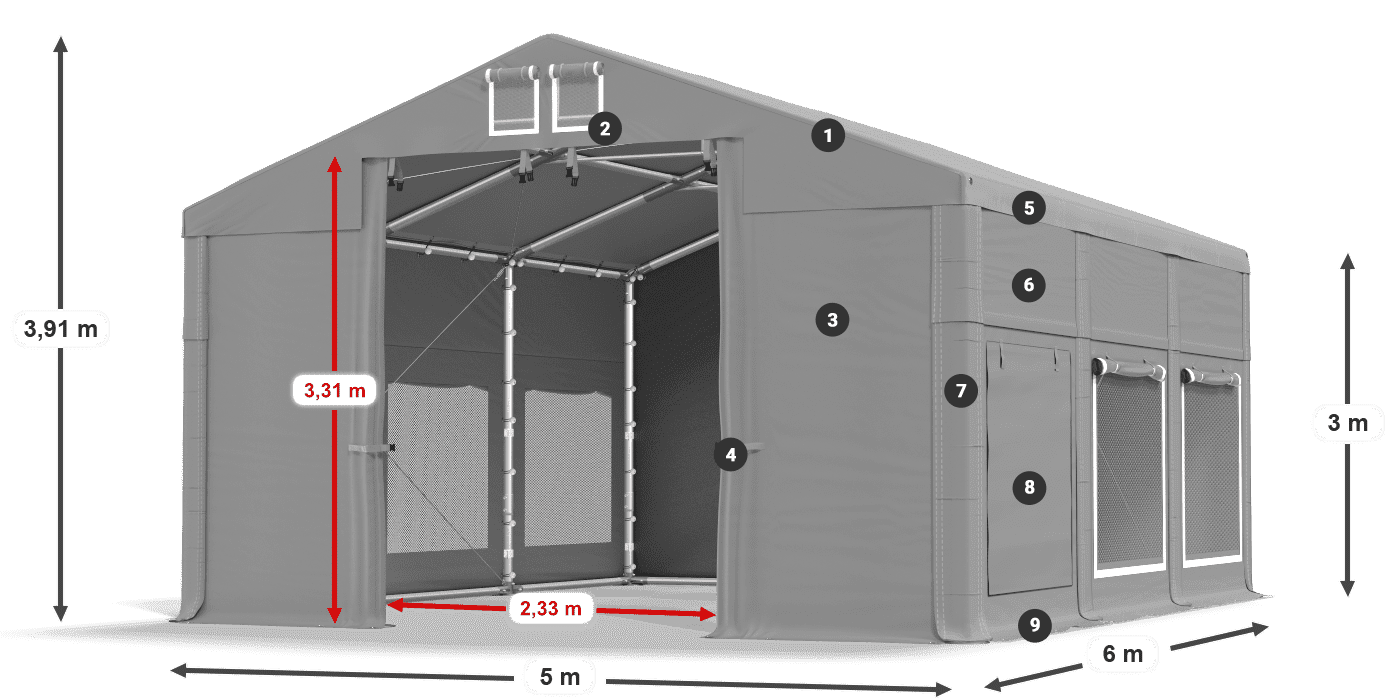 Střecha: MS 580 PVC Stěny: SD M 500 PVC 3m legenda