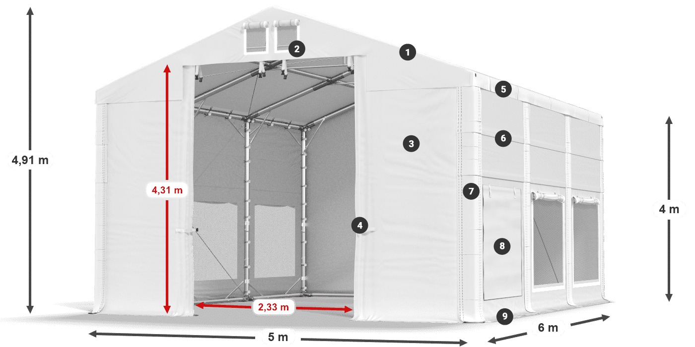 Střecha: MS 580 PVC Stěny: SD M 500 PVC 4m legenda