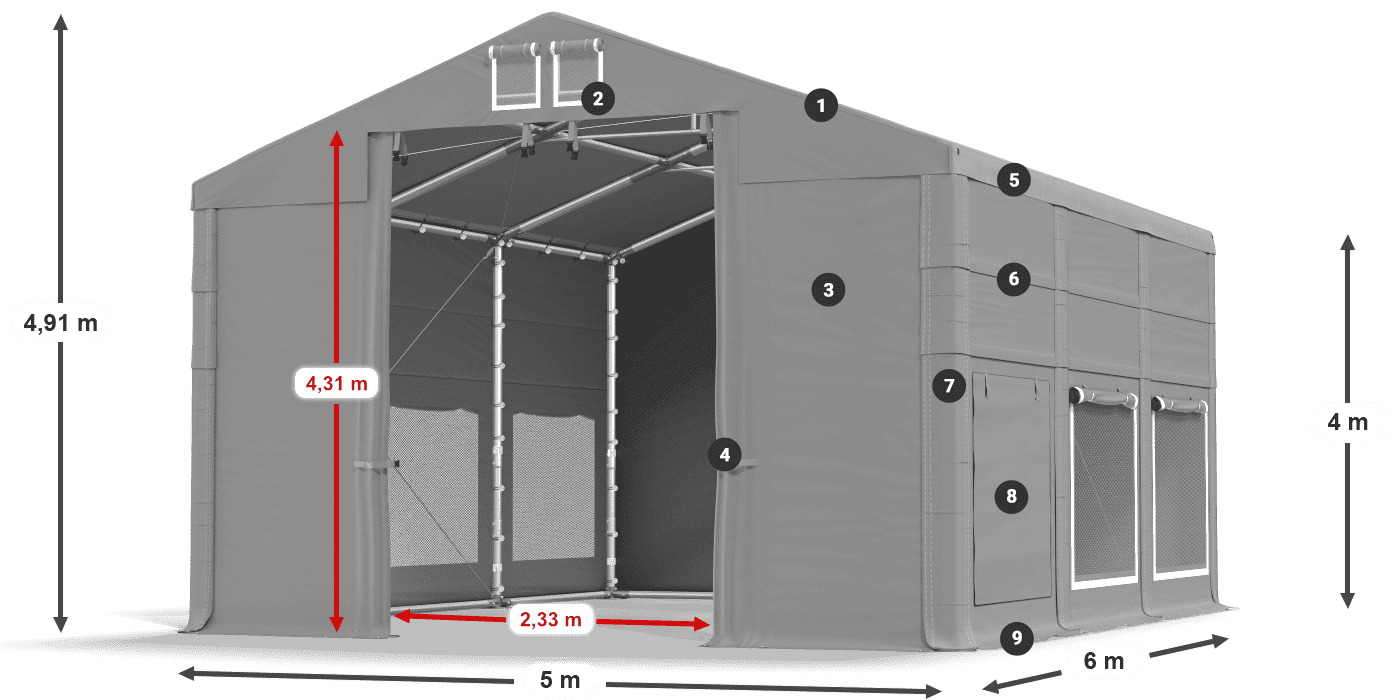 Střecha: MS 580 PVC Stěny: SD M 500 PVC 4m legenda