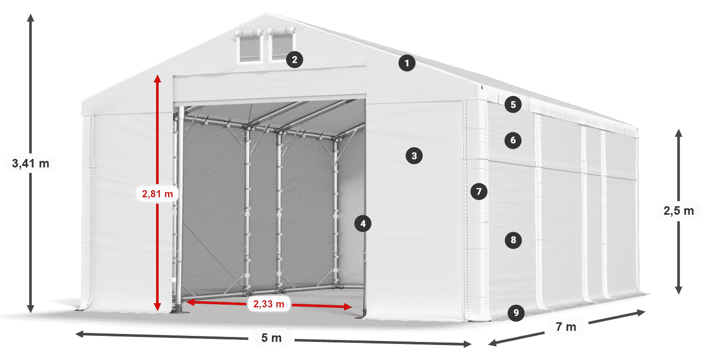 Střecha: FR 620 PVC Stěny: MS 580 PVC 2,5 m legenda