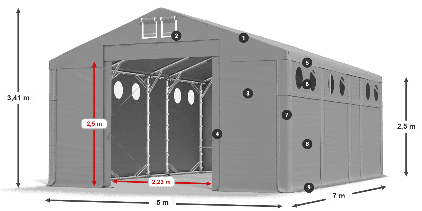 Střecha: FR 620 PVC Stěny: MS O 580 PVC 2,5 m legenda