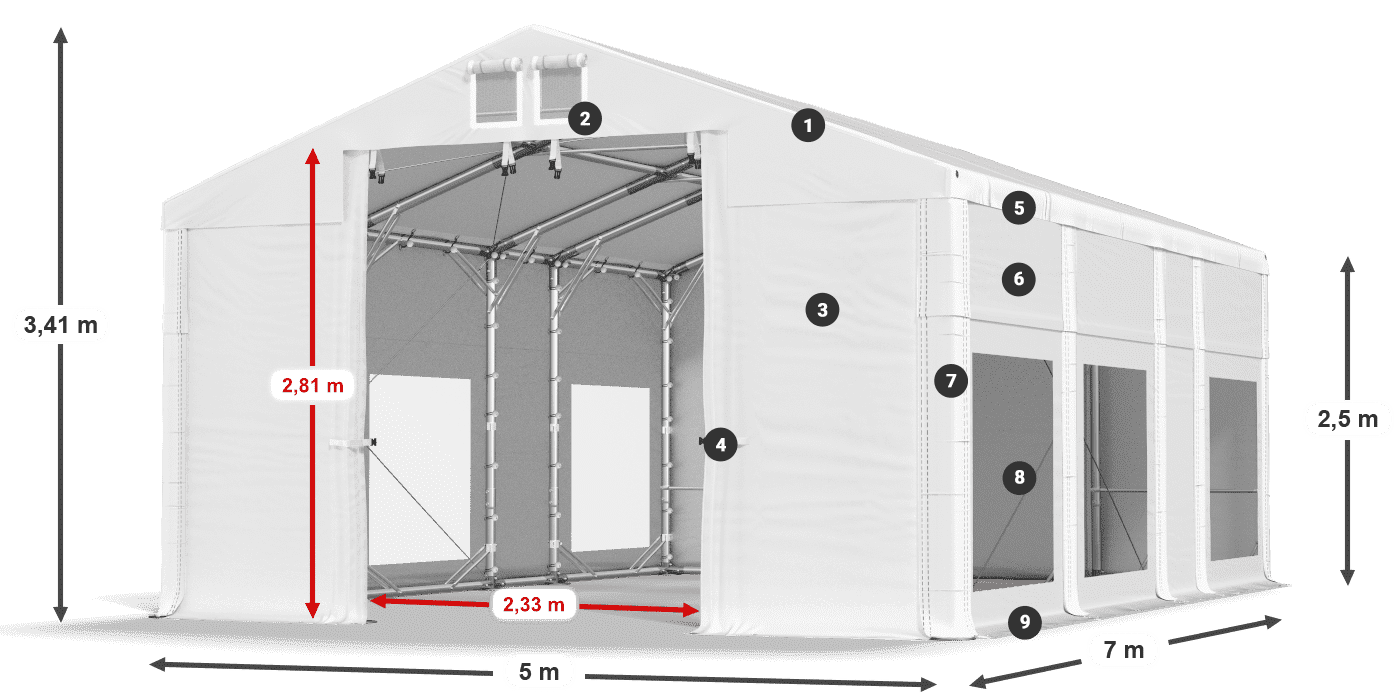 Střecha: FR 620 PVC Stěny: MS 580 PVC 2,5 m legenda