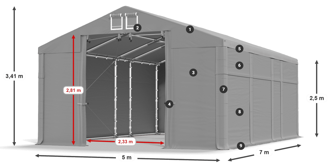 Střecha: FR 620 PVC Stěny: MS 580 PVC 2,5 m legenda