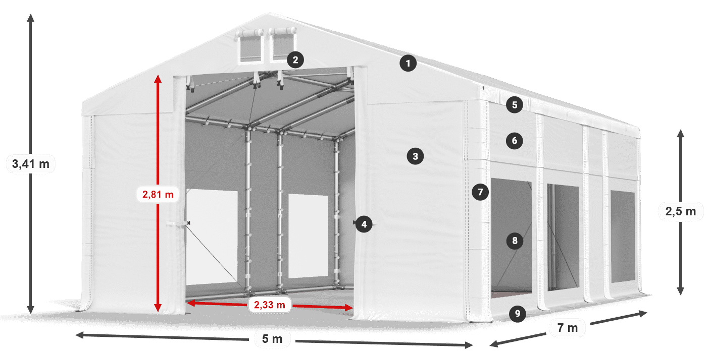 Střecha: FR 620 PVC Stěny: MS 580 PVC 2,5 m legenda