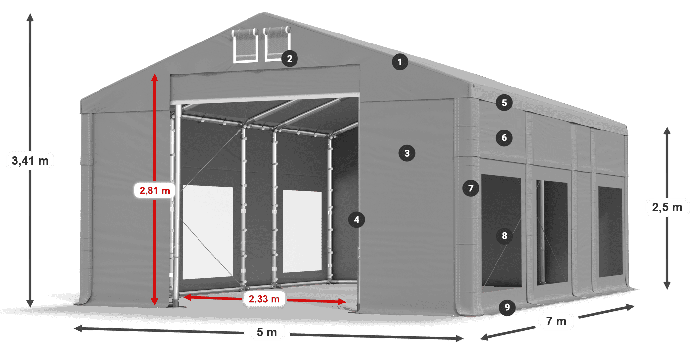 Střecha: FR 620 PVC Stěny: MS 580 PVC 2,5 m legenda