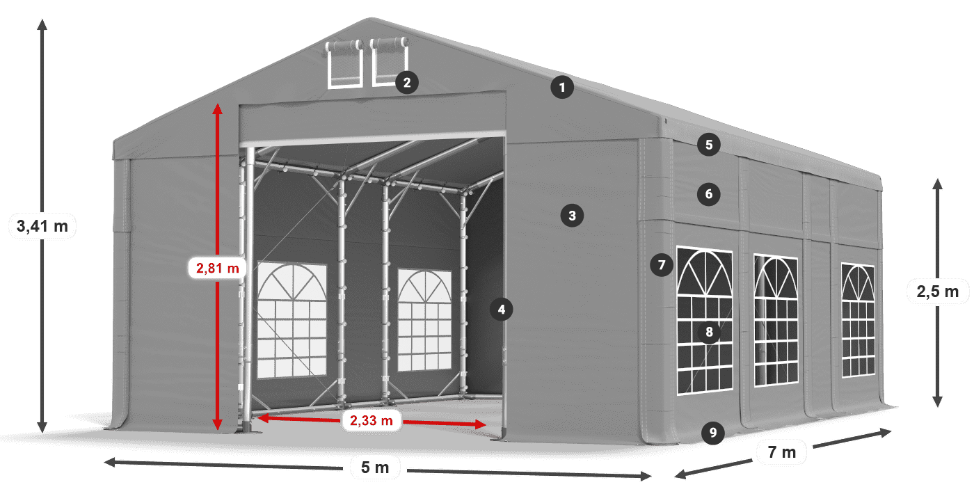 Střecha: FR 620 PVC Stěny: SD 500 PVC 2,5 m legenda