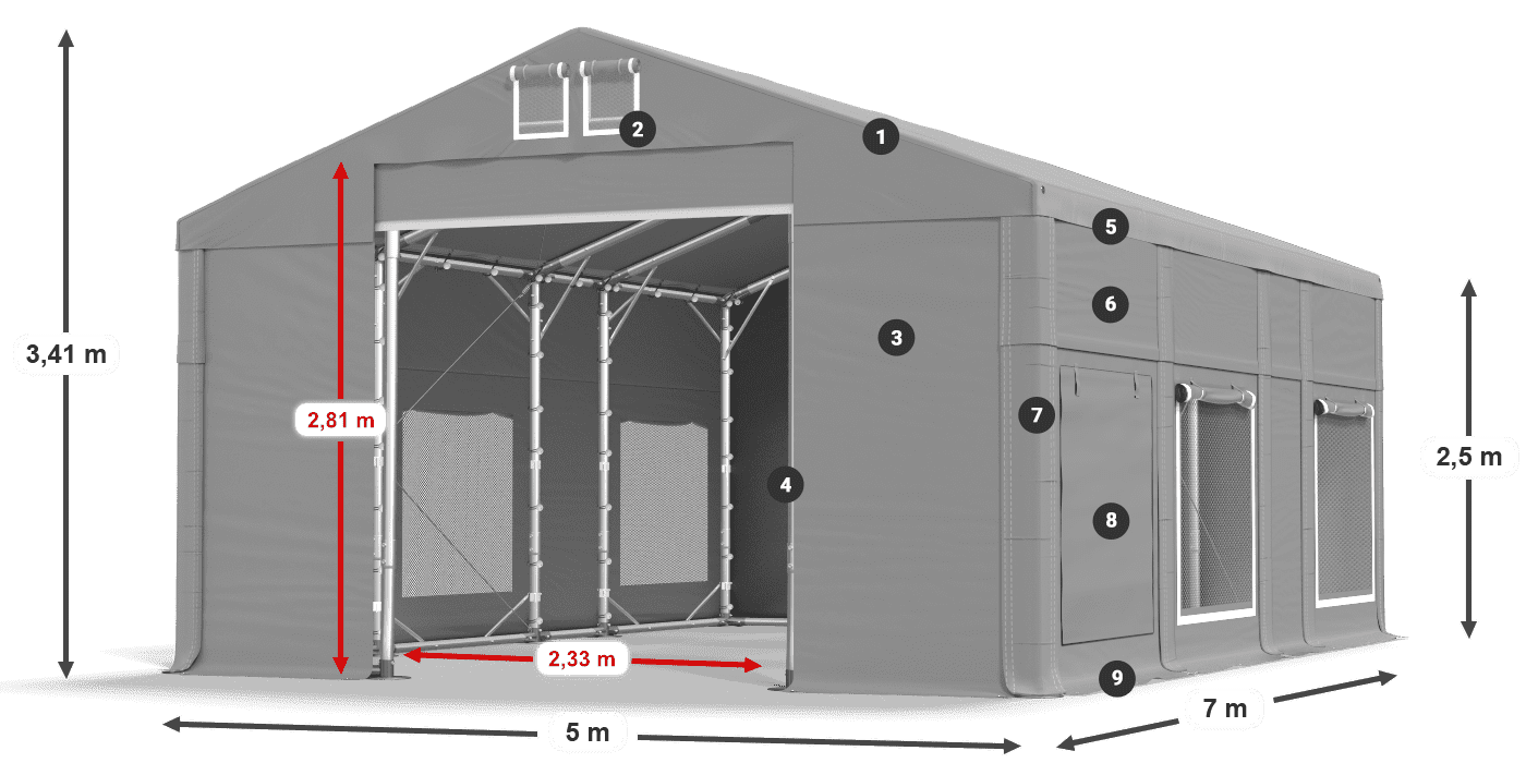 Střecha: FR 620 PVC Stěny: SD 500 PVC 2,5 m legenda