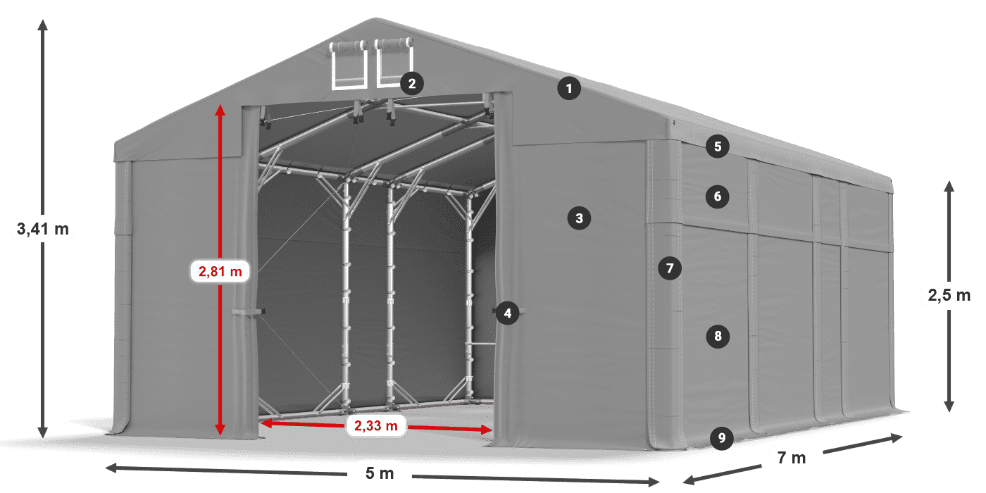 Střecha: FR 620 PVC Stěny: SD 500 PVC 2,5 m legenda