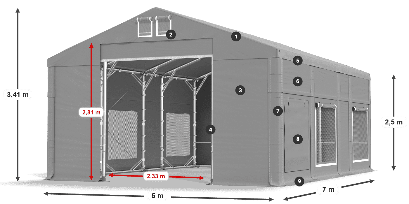 Střecha: FR 620 PVC Stěny: SD 500 PVC 2,5 m legenda