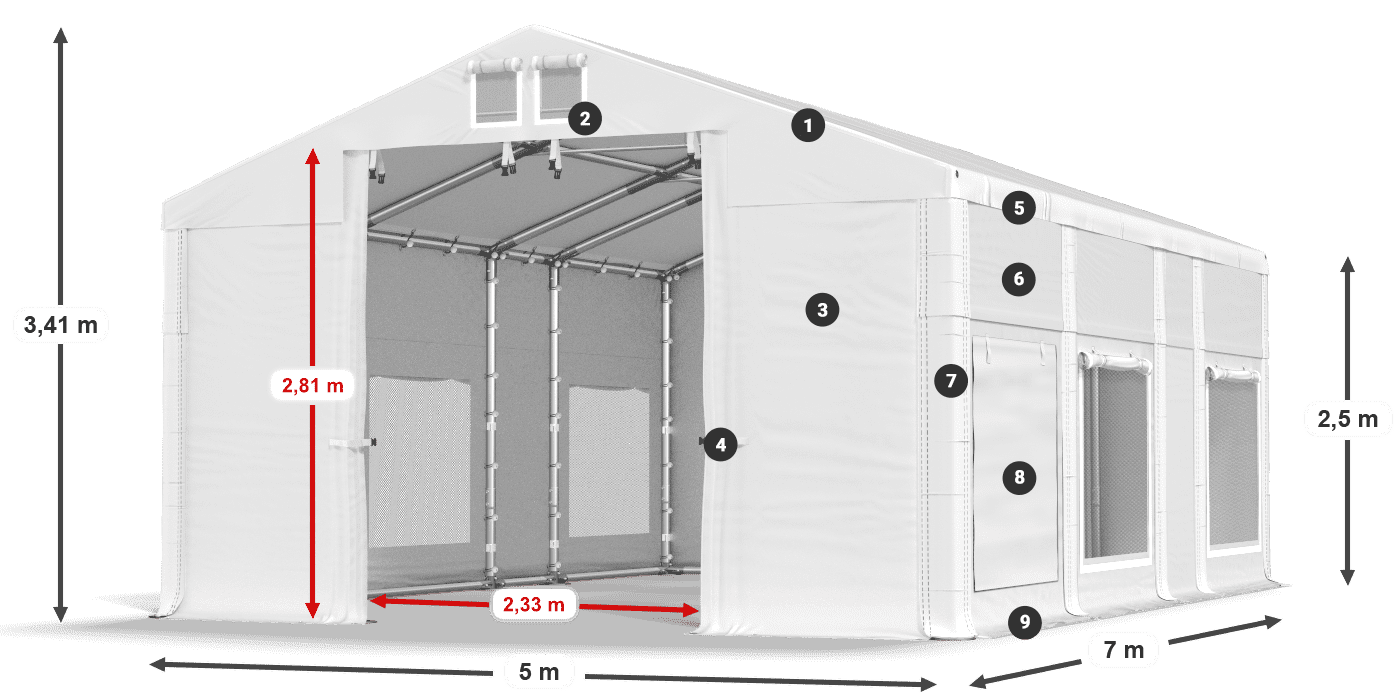Střecha: FR 620 PVC Stěny: SD 500 PVC 2,5 m legenda