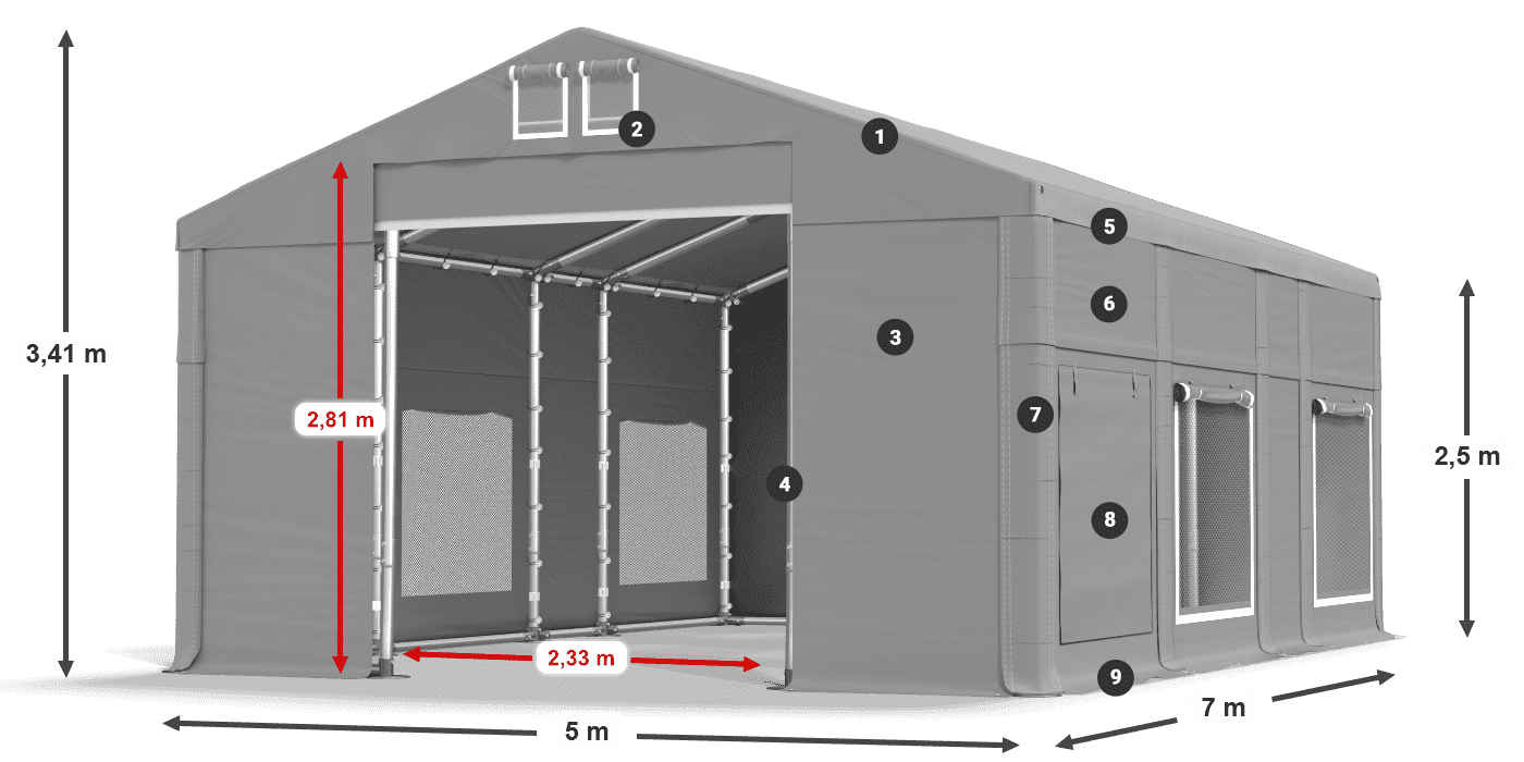 Střecha: FR 620 PVC Stěny: SD 500 PVC 2,5 m legenda