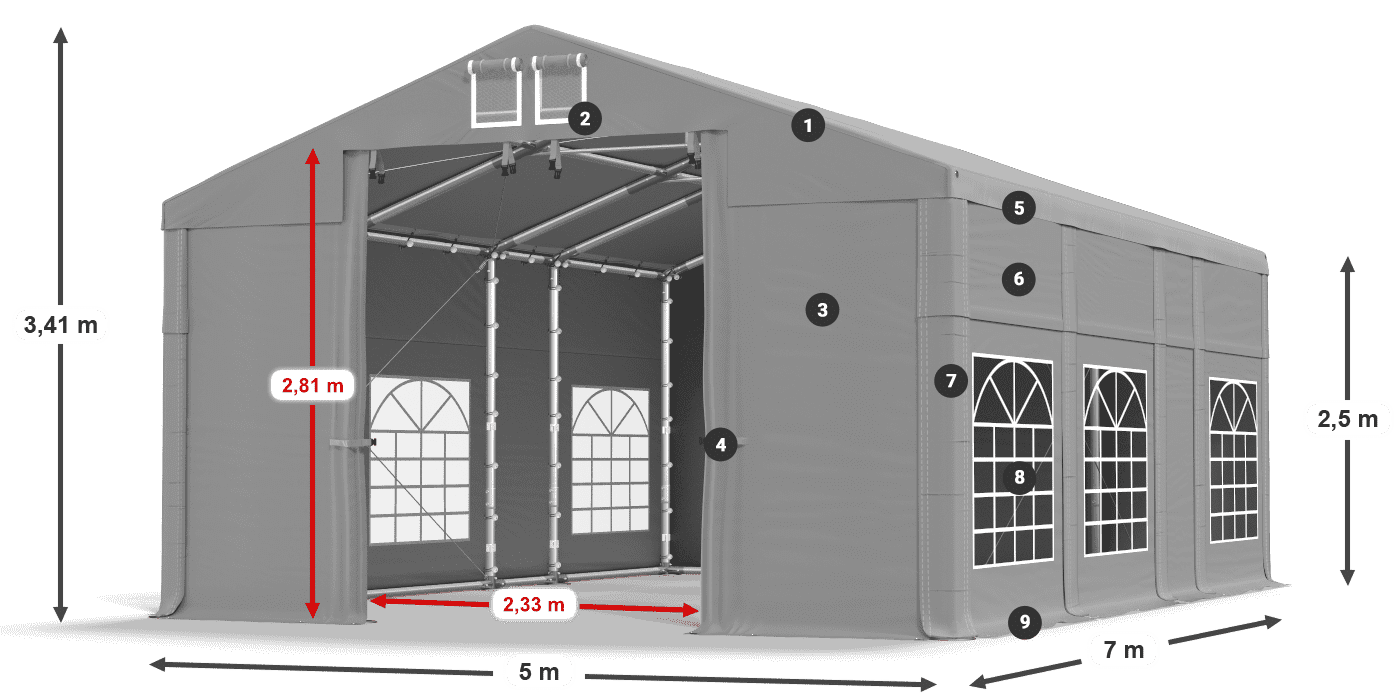 Střecha: FR 620 PVC Stěny: SD 500 PVC 2,5 m legenda