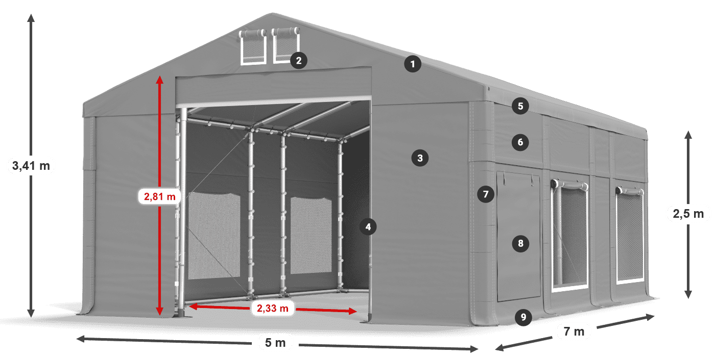 Střecha: FR 620 PVC Stěny: SD 500 PVC 2,5 m legenda