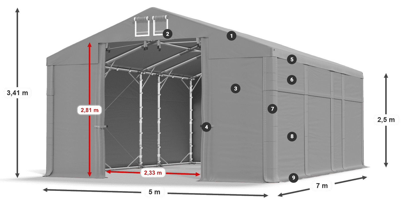 Střecha: MS 580 PVC Stěny: FR 620 PVC 2,5 m legenda