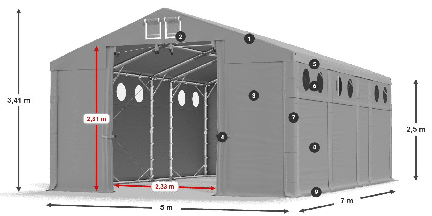 Střecha: MS 580 PVC Stěny: FR O 620 PVC 2,5 m legenda