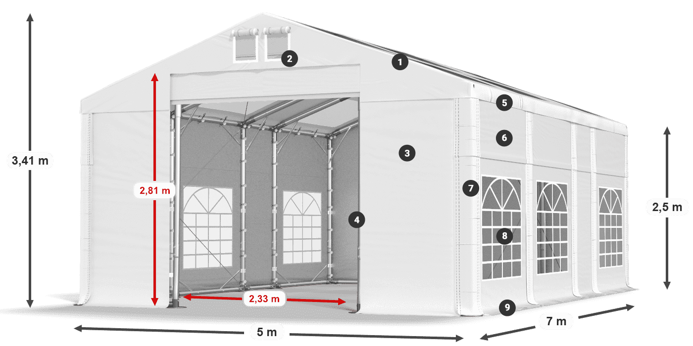 Střecha: MS T 580 PVC Stěny: FR 620 PVC 2,5 m legenda