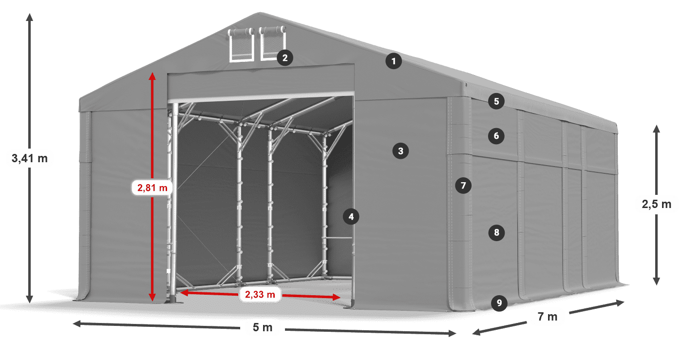 Střecha: MS 580 PVC Stěny: FR 620 PVC 2,5 m legenda