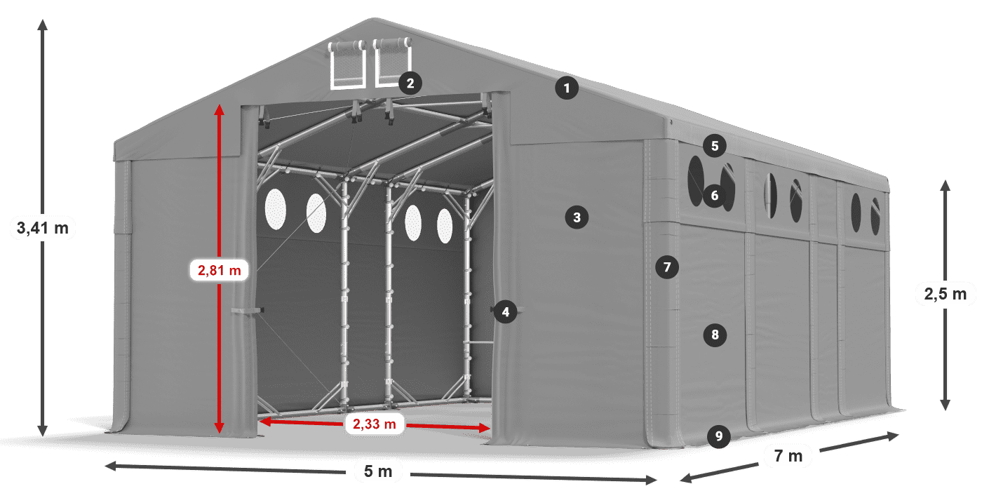 Střecha: MS 580 PVC Stěny: FR O 620 PVC 2,5 m legenda