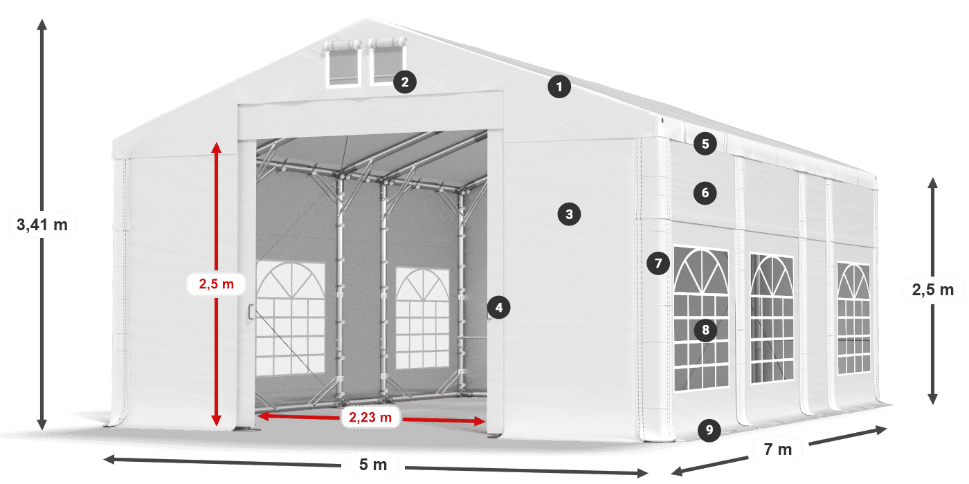 Střecha: MS 580 PVC Stěny: FR 620 PVC 2,5 m legenda