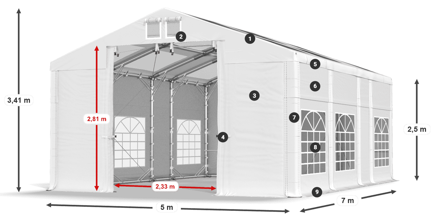Střecha: MS T 580 PVC Stěny: FR 620 PVC 2,5 m legenda
