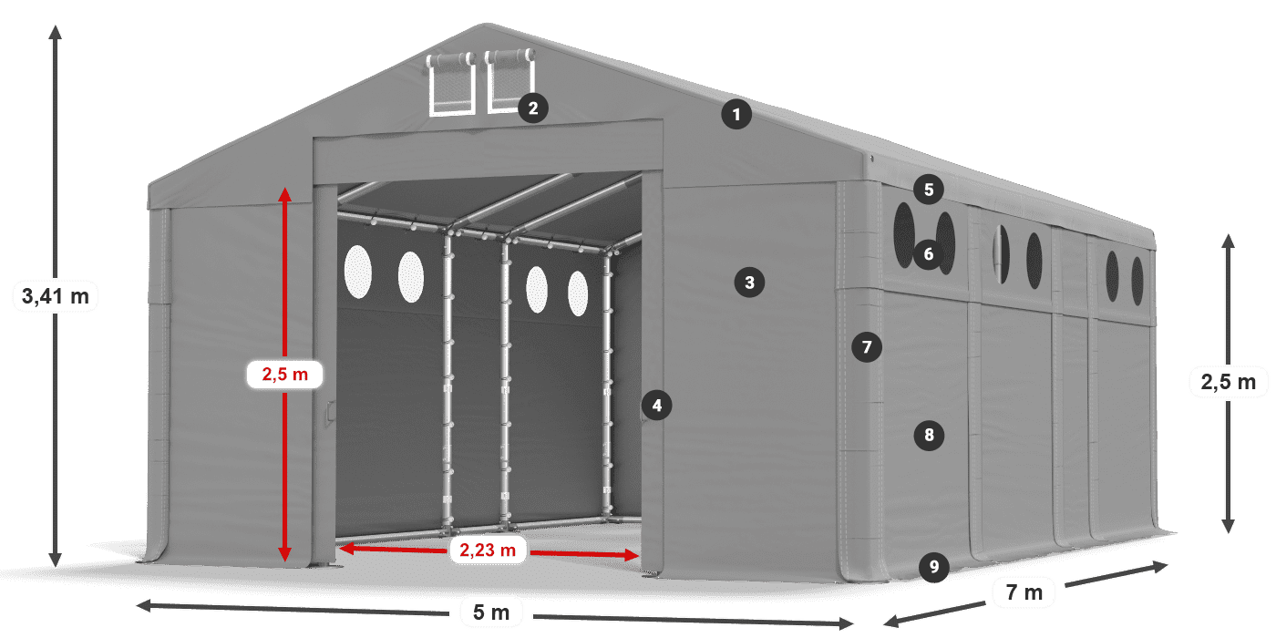 Střecha: MS 580 PVC Stěny: FR O 620 PVC 2,5 m legenda