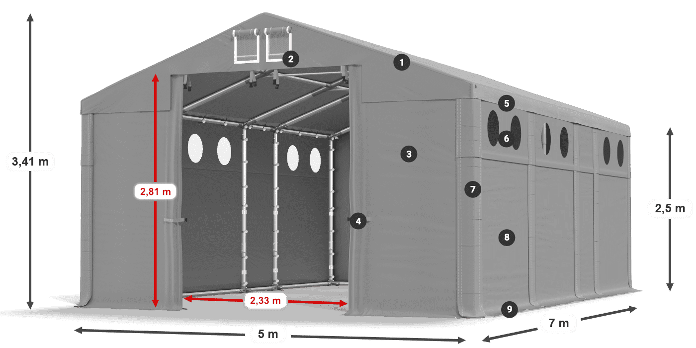 Střecha: MS 580 PVC Stěny: FR O 620 PVC 2,5 m legenda