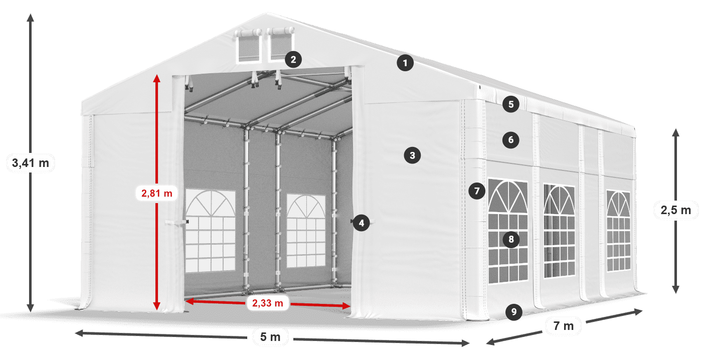 Střecha: MS 580 PVC Stěny: FR 620 PVC 2,5 m legenda