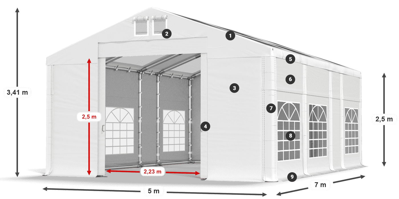 Střecha: MS T 580 PVC Stěny: FR 620 PVC 2,5 m legenda