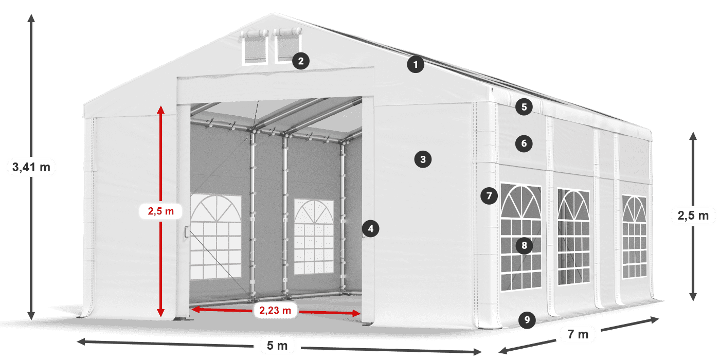 Střecha: MS T 580 PVC Stěny: FR 620 PVC 2,5 m legenda