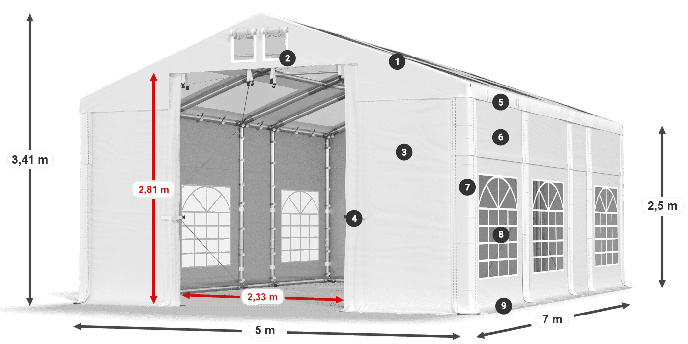 Střecha: MS T 580 PVC Stěny: FR 620 PVC 2,5 m legenda