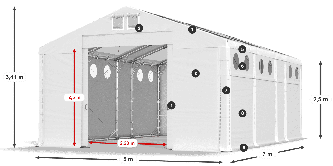 Střecha: MS T 580 PVC Stěny: MS O 580 PVC 2,5 m legenda