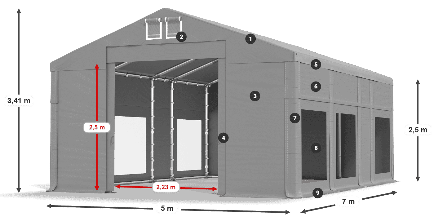 Střecha: MS 580 PVC Stěny: MS 580 PVC 2,5 m legenda